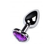Серебристая коническая анальная пробка с фиолетовым кристаллом-сердечком - 7 см. - ToyFa - купить с доставкой в Домодедово