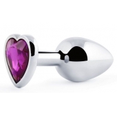 Серебристая анальная пробка с фиолетовым кристаллом-сердечком - 8 см. - Anal Jewelry Plug - купить с доставкой в Домодедово