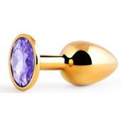 Золотистая анальная пробка с фиолетовым стразом - 7,2 см. - Anal Jewelry Plug - купить с доставкой в Домодедово