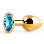 Золотистая анальная пробка с голубым стразом - 7,2 см. - Anal Jewelry Plug - купить с доставкой в Домодедово