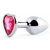 Серебристая анальная пробка с розовым кристаллом-сердечком - 7 см. - Anal Jewelry Plug - купить с доставкой в Домодедово