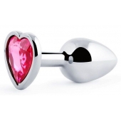 Серебристая анальная пробка с малиновым кристаллом-сердечком - 7 см. - Anal Jewelry Plug - купить с доставкой в Домодедово