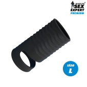 Черная открытая насадка на пенис с кольцом для мошонки L-size - 8,5 см. - Sex Expert - в Домодедово купить с доставкой