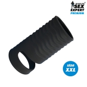 Черная открытая насадка на пенис с кольцом для мошонки XXL-size - 9,4 см. - Sex Expert - в Домодедово купить с доставкой