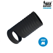 Черная открытая насадка на пенис с кольцом для мошонки size M - 7,9 см. - Sex Expert - в Домодедово купить с доставкой