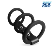 Черное тройное эрекционное кольцо с ремешком - Sex Expert - в Домодедово купить с доставкой