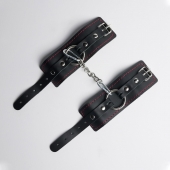 Черные кожаные наручники с красной строчкой - Crazy Handmade - купить с доставкой в Домодедово