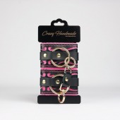 Черные кожаные наручники с розовой строчкой - Crazy Handmade - купить с доставкой в Домодедово