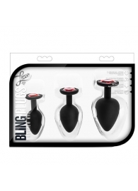 Набор черных анальных пробок с красным кристаллом-сердечком Bling Plugs Training Kit - Blush Novelties - купить с доставкой в Домодедово