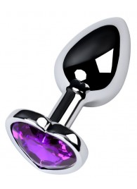 Серебристая коническая анальная пробка с фиолетовым кристаллом-сердечком - 7 см. - ToyFa - купить с доставкой в Домодедово