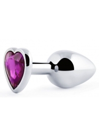 Серебристая анальная пробка с фиолетовым кристаллом-сердечком - 8 см. - Anal Jewelry Plug - купить с доставкой в Домодедово