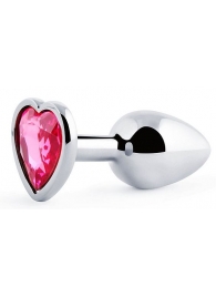 Серебристая анальная пробка с розовым кристаллом-сердечком - 7 см. - Anal Jewelry Plug - купить с доставкой в Домодедово