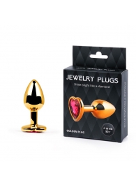 Золотистая анальная пробка с малиновым кристаллом-сердечком - 7 см. - Anal Jewelry Plug - купить с доставкой в Домодедово