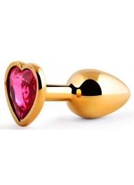 Золотистая анальная пробка с малиновым кристаллом-сердечком - 7 см. - Anal Jewelry Plug - купить с доставкой в Домодедово