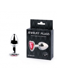 Серебристая анальная пробка с малиновым кристаллом-сердечком - 7 см. - Anal Jewelry Plug - купить с доставкой в Домодедово