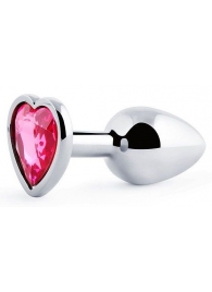 Серебристая анальная пробка с малиновым кристаллом-сердечком - 7 см. - Anal Jewelry Plug - купить с доставкой в Домодедово