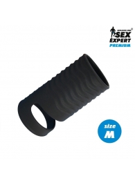 Черная открытая насадка на пенис с кольцом для мошонки size M - 7,9 см. - Sex Expert - в Домодедово купить с доставкой