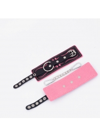 Черно-розовые кожаные наручники с розовой строчкой - Crazy Handmade - купить с доставкой в Домодедово