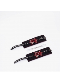 Черные кожаные наручники с красным декором и строчкой - Crazy Handmade - купить с доставкой в Домодедово
