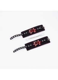 Черные кожаные наручники с красным декором и строчкой - Crazy Handmade - купить с доставкой в Домодедово