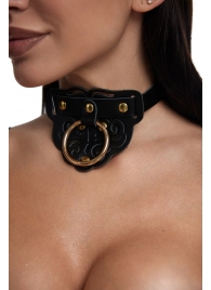 Черный фигурный кожаный ошейник с золотистой фурнитурой - Crazy Handmade - купить с доставкой в Домодедово