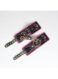 Черные кожаные наручники с розовой строчкой - Crazy Handmade - купить с доставкой в Домодедово