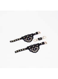 Черные кожаные наручники с клепками, кольцами и золотистой фурнитурой - Crazy Handmade - купить с доставкой в Домодедово