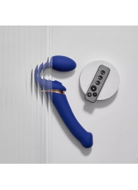 Синий безремневой страпон Multi Orgasm Bendable Strap-On size L с клиторальной стимуляцией - Strap-on-me - купить с доставкой в Домодедово