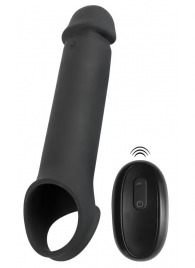 Черная вибронасадка для пениса с хомутом для мошонки и пультом ДУ Remote Controlled Penis Extension - Orion - в Домодедово купить с доставкой