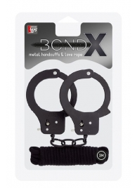 Чёрные наручники из листового металла в комплекте с веревкой BONDX METAL CUFFS LOVE ROPE SET - Dream Toys - купить с доставкой в Домодедово