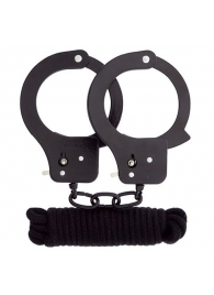 Чёрные наручники из листового металла в комплекте с веревкой BONDX METAL CUFFS LOVE ROPE SET - Dream Toys - купить с доставкой в Домодедово