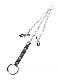 Серебристо-чёрные зажимы для сосков с кольцом для пениса TOYFA Metal - ToyFa - купить с доставкой в Домодедово