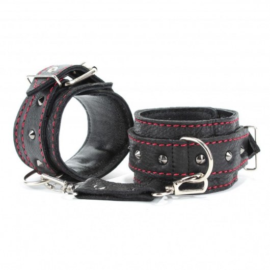 Черные наручники из натуральной кожи на карабинах - БДСМ Арсенал - купить с доставкой в Домодедово