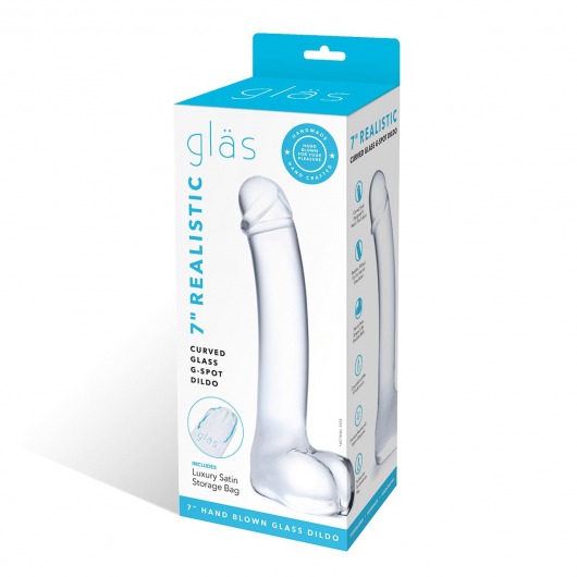 Прозрачный стеклянный фаллос с мошонкой Curved G-Spot - 18 см. - Glas