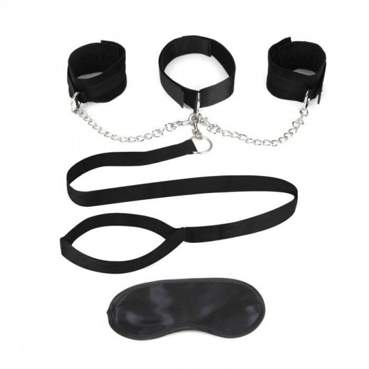 Чёрный ошейник с наручниками и поводком Collar Cuffs   Leash Set - Lux Fetish - купить с доставкой в Домодедово