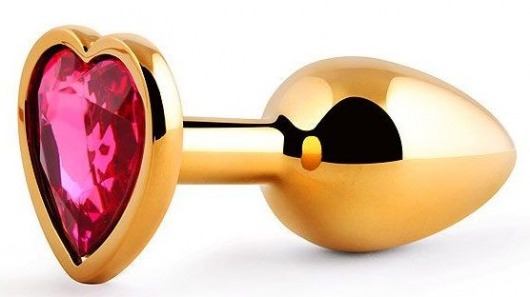 Золотистая анальная пробка с малиновым кристаллом-сердечком - 7 см. - Anal Jewelry Plug - купить с доставкой в Домодедово