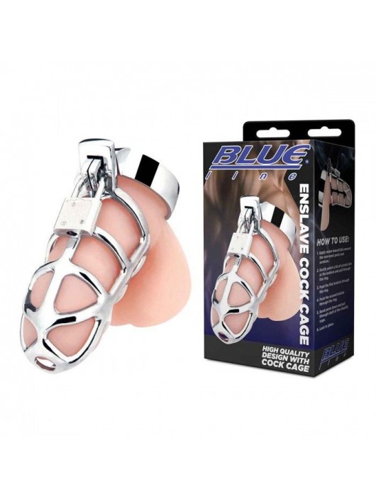 Серебристая металлическая клетка для члена с замком Enslave Cock Cage - BlueLine - купить с доставкой в Домодедово