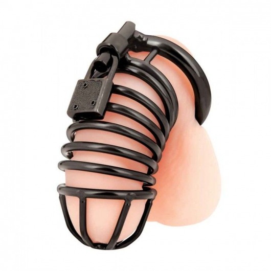 Черная металлическая клетка с замком Deluxe Chastity Cage - BlueLine - купить с доставкой в Домодедово