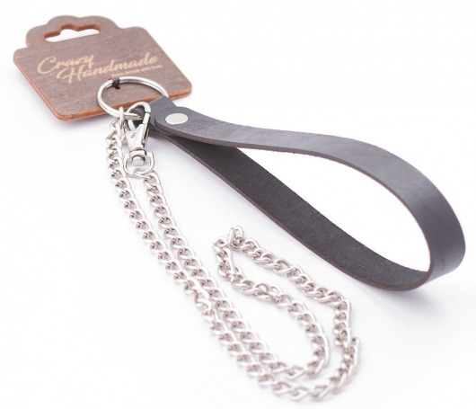 Серебристый металлический поводок с кожаной черной ручкой - 80 см. - Crazy Handmade - купить с доставкой в Домодедово