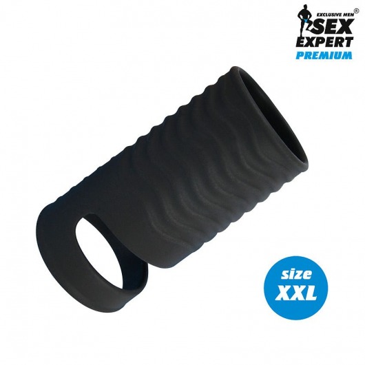 Черная открытая насадка на пенис с кольцом для мошонки XXL-size - 9,4 см. - Sex Expert - в Домодедово купить с доставкой