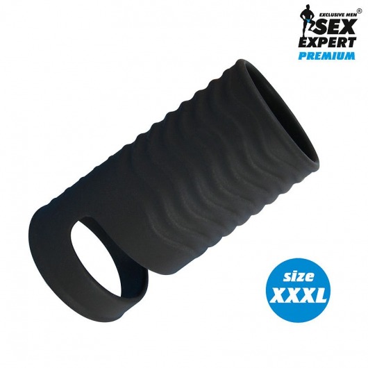 Черная открытая насадка на пенис с кольцом для мошонки XXXL-size - 9,9 см. - Sex Expert - в Домодедово купить с доставкой