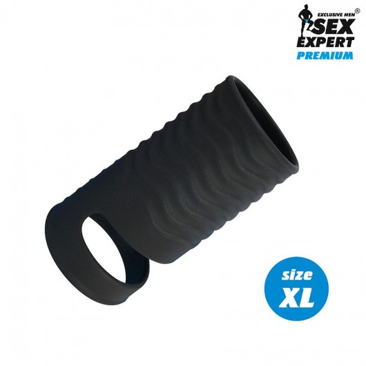 Черная открытая насадка на пенис с кольцом для мошонки XL-size - 8,9 см. - Sex Expert - в Домодедово купить с доставкой
