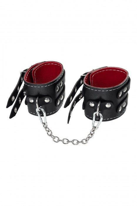 Черные кожаные оковы с двумя ремнями и красной подкладкой - Pecado - купить с доставкой в Домодедово