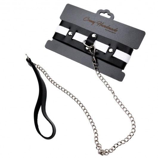 Черно-белый кожаный ошейник с поводком-цепочкой - Crazy Handmade - купить с доставкой в Домодедово