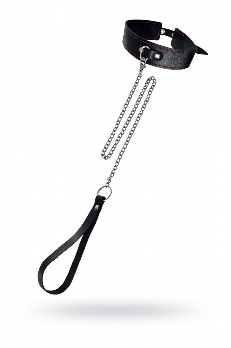 Кожаный двухслойный ошейник с красной строчкой и поводком - Pecado - купить с доставкой в Домодедово