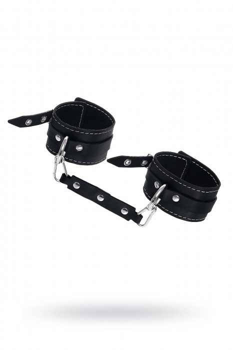 Черные двухслойные кожаные оковы с белой строчкой - Pecado - купить с доставкой в Домодедово