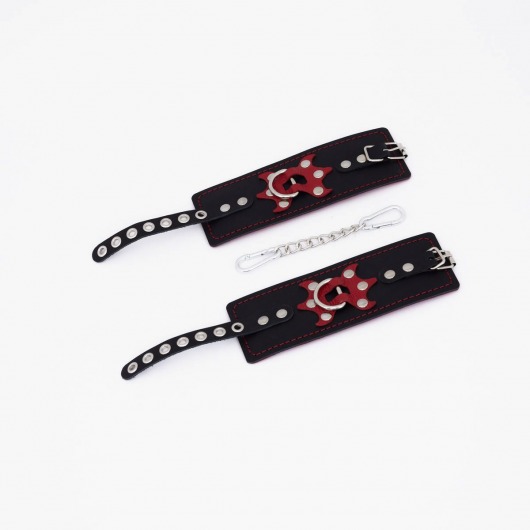 Черные кожаные наручники с красным декором и строчкой - Crazy Handmade - купить с доставкой в Домодедово