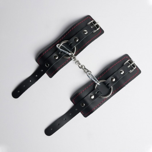 Черные кожаные наручники с красной строчкой - Crazy Handmade - купить с доставкой в Домодедово