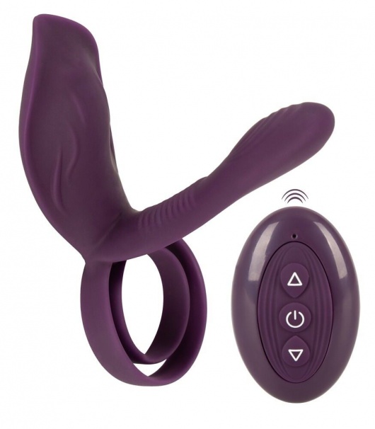 Фиолетовая насадка на член с клиторальным отростком и пультом ДУ RC Couple’s Vibrator 2 - Orion - в Домодедово купить с доставкой