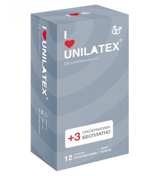 Презервативы с рёбрами Unilatex Ribbed - 12 шт. + 3 шт. в подарок - Unilatex - купить с доставкой в Домодедово